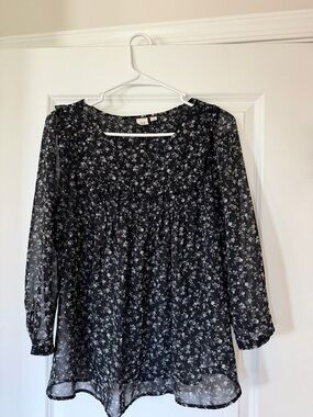 GAP Floral Sheer Long Sleeve Blouse - Black/Blue Size XS